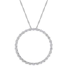 "Add an eye-catching accent to your attire with this Stella Grace white sapphire circle pendant necklace. Add an eye-catching accent to your attire with this Stella Grace white sapphire circle pendant necklace. Pendant size: 1.16""L x 1.16""W Chain length: 17 in. Chain type: rope Metal: 10k white gold Plating: rhodium Finish: polished Packaging: boxedSTONE DETAILS Stone type: white sapphire Total weight: 1 1/2 ct. Shape: round Setting: prong Gemstones may have been treated to enhance their appea White Round Halo Necklace, Round Diamond Cut Necklace, Round Diamond Birthstone Necklace, White Halo Diamond Necklace, Circle Diamond Cut Jewelry For Anniversary, White Round Halo Diamond Necklace, Anniversary Necklace With Round Diamond Accents, Diamond White Halo Round Necklace, Diamond Cut Circle Jewelry For Anniversary