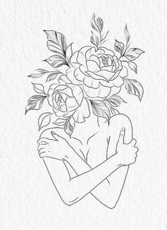 a drawing of a woman with flowers on her head and arms around her body,