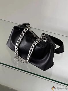 BirdinBag - Black PU Minimalist Hobo Bag with Double Chain Straps - A Stylish Womens Accessory Modern Black Shoulder Bag With Chain, Black Baguette Bag With Chain Strap, Elegant Black Baguette Bag With Chain Strap, Modern Everyday Baguette Bag With Chain Strap, Black Rectangular Baguette Bag With Chain Strap, Modern Black Shoulder Bag With Chain Strap, Versatile Office Shoulder Bag With Chain Strap, Everyday Baguette Clutch Bag With Chain Strap, Everyday Baguette Clutch With Chain Strap