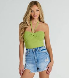 The new you and look has arrived with this sassy halter crop top perfect for beach days and casual hangs! The sleeveless rib knit top fits and flatters with a sweetheart neckline, halter spaghetti strap tie, cinched bust detail, and cropped hem. Complete the look in denim shorts and shades!Fit & FeaturesStretchy rib knit fabricSweetheart necklineSpaghetti strap tieCropped hemRuns true to size Green Halter Neck Tank Top For Beach Season, Flirty Halter Crop Top For Summer, Flirty Summer Halter Crop Top, Trendy Summer Halter Top, Flirty Halter Neck Tank Top For Summer, Chic Stretch Halter Top For Beach Season, Trendy Stretch Halter Neck Top, Trendy Stretch Crop Top For Beach Season, Flirty Halter Neck Crop Top For Spring