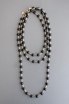 TLD160 Elegant Black Lariat Long Necklace, Black Beaded Chain Long Necklace, Elegant Black Double Strand Layered Necklace, Elegant Black Layering Necklaces, Black Multi-strand Layering Jewelry, Elegant Multi-strand Long Necklace With Large Beads, Elegant Black Multi-strand Long Necklace, Modern Black Lariat Jewelry, Black Long Single Strand Necklace