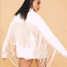 Never Worn, Brand New, White Fringe Jean Jacket! Trendy Spring Fringe Outerwear, Trendy Fringe Outerwear For Spring, Casual Fringe Outerwear For Spring, Chic Spring Outerwear With Fringe, Chic Outerwear With Fringe, Chic Fringed Outerwear For Spring, Chic Fringe Outerwear For Spring, Chic Long Sleeve Outerwear With Fringe, Long Sleeve Fringe Outerwear For Spring