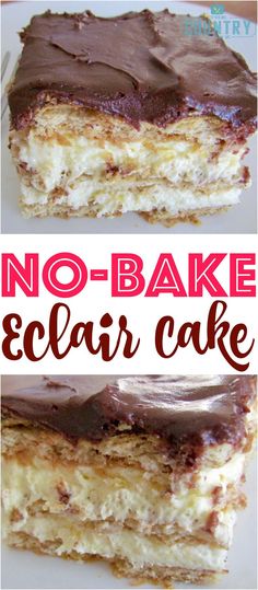 no - bake eclair cake with chocolate frosting on the top and bottom