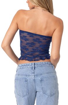 Lovely sheer floral lace glides over the solid bandeau underlayer of this flirty tube top cut in an on-trend cropped silhouette. Strapless 95% polyester, 5% spandex Machine wash, line dry Imported Clothing Aesthetics, Crop Tube Top, Lace Tube Top, Blueberry Muffin, Grad Pics, Swimwear Dress, Maternity Shops, Cropped Tube Top, Designer Clothes For Men