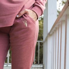 The perfect cozy jogger pants! These are light weight and soooo soft. They are super cute and great for lounging around the house or running errands. They are a blush/rose color with the crawfish logo embroidered in a soft champagne gold stitch on the thigh. They have front pockets, a drawstring, and are tapered at the bottom. Stretch material. True to size and does not shrink. Takes 8-10 days to fulfill as we make them to order! Pink Loungewear Bottoms With Soft Texture, Pink Bottoms With Soft Texture For Loungewear, Pink Joggers For Fall Loungewear, Pink Fall Joggers For Loungewear, Comfortable Pink Bottoms For Fall, Comfortable Pink Fall Bottoms, Comfortable Pink Lounging Pants, Casual Pink Pants For Relaxation, Comfortable Pink Loungewear Pants