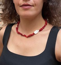 This stunning (feels like ocean) Red Coral and Pearl beaded necklace is great by itself or as a layering piece! It can be worn two sided, and it will absolutely add a stylish finishing touch to your look. It is very light to wear, great for casual days as well as dressed-up events. ● LENGTH: 16"/ 40 cm or 18" / 45 cm with a 2" / 5 cm adjustment chain. ● MATERIAL: High quality 925k Sterling Silver on chains (Hypoallergenic). Sterling Silver 925k, 22k Gold Fill or 22k Rose-Gold Fill Sterling Silve Spiritual Red Jewelry For Christmas, Red Gemstone Beaded Necklaces For Spiritual Purposes, Red Beaded Necklaces With Natural Stones For Gift, Spiritual Red Coral Jewelry As A Gift, Spiritual Red Necklace With Natural Stones, Red Necklaces With Natural Stones For Gift, Spiritual Coral Jewelry For Gifts, Coral Single Strand Jewelry Gift, Coral Single Strand Jewelry As Gift