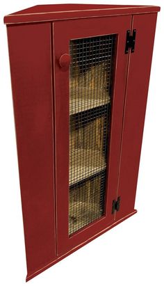 a red cabinet that has some bread in it