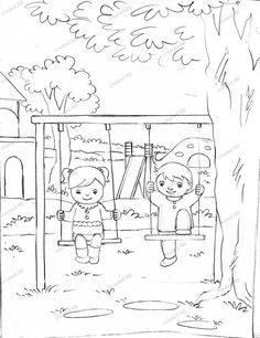 a drawing of two children playing on a swing set in the park, with trees and grass