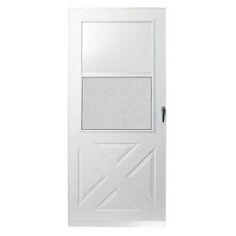 a white door with a window on the top and side panels in the bottom half