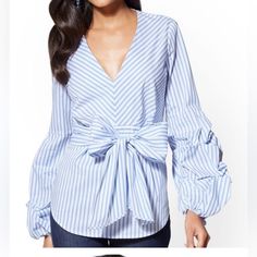 Nwt-New York & Company V-Neck Top With Oversized Ruched Lantern Sleeves And Belted Waist, Size L P2p-22” Nautical Blue And White Stripes Lantern Sleeves, V Neck Tops, Waist Size, White Stripe, Nautical, Top Blouse, Blue And White, Stripes, Womens Tops