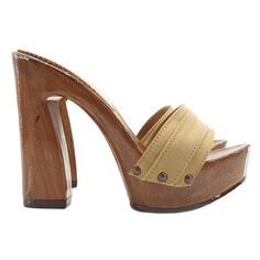 Brown Open Toe Clogs With 4-inch Heel, Open Toe Beige Clogs With Wooden Heel, Beige High Heel Mules With Reinforced Heel, Beige High Heel Platform Clogs, Beige High Heel Clogs With Stacked Heel, Beige Clogs With Stacked High Heel, Beige Open Heel Clogs With Wooden Heel, Brown High Heel Clogs With Deep Heel Cup, Beige Clogs With Wooden Heel And Open Back