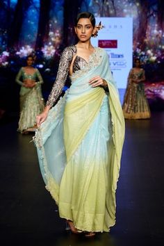 Lime green and sky blue shaded georgette saree with an intricate floral cutwork hand embellished border. Paired with a gunmetal textured metallic padded bustier and petticoat. - Aza Fashions Fusion Style Wedding Saree With Unstitched Blouse, Fusion Style Pre-draped Saree With Dupatta For Wedding, Floral Cutwork, Cutwork Saree, Saree Georgette, Green Saree, Georgette Saree, Georgette Sarees, Set Women