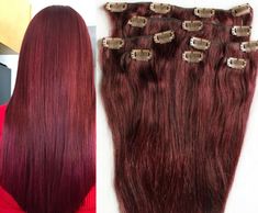 We offer high quality Exquisitely, Sexy Hand Made charming 100% Human Hair. Specifications: A full set of 7 Pieces, 14 Clips for Full Head One pcs – 10″(4 clips- For the Upper Back of Head) One pcs – 6″ (3 clips- For the Lower Back of Head) Two pcs – 4″ (2 clips each piece- For the sides) Three pcs-2″ (1 clip each piece- For Front of Head) Length: 18″,20″,22″,24″ Texture: straight Material: 100% human hair; Remy grade :AAAA Weight: 80 grams (18″), 90 grams (20″), 100 grams (22″,24″) Color: #99J Burgundy Red Wine IMPORTANT!!! Colors shown on screen can be slightly different from the actual product, due to the color settings of your computer. Based on our Customers’ suggestions: We recommend TWO PACKS (14 pieces) of Clip In/On Hair Extensions for more full, complete and natural look. Red Hair Extensions, Indian Remy Human Hair, Side Braid Hairstyles, Ombre Hair Extensions, Real Human Hair Extensions, Heatless Hairstyles, 100 Remy Human Hair, Remy Human Hair Extensions, Synthetic Hair Extensions