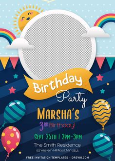 a birthday party flyer with balloons, stars and clouds on the blue sky in the background