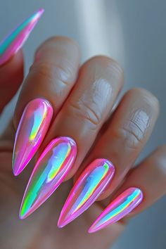 Neon Pink Chrome Nails, Chrome Nails Neon, Neon Nails Designs, Pink Flower Nails, Neon Acrylic Nails, Nails Neon, Neon Nail Designs, Pink Chrome Nails, Sassy Nails