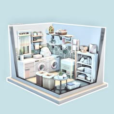 an image of a model of a house with appliances and laundry items in the room