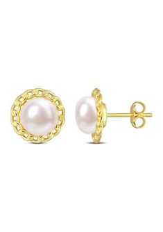 Stud earrings are a must have and these elegant Halo Stud Earrings are the best. Mounted in sparkling yellow rhodium-plated sterling silver, these classy earrings feature two button-shaped, cultured freshwater pearls (8-8.5mm) at the center surrounded by oval links. Polished to a brilliant shine, these exquisite earrings are secured with butterfly closures. A go-to accessory for any occasion. | Belk & Co 8-8.5mm Cultured Freshwater Pearl Halo Link Stud Earrings in Yellow Plated Sterling Silver 14k Gold Round Pearl Earrings, Gold Sterling Silver Round Pearl Earrings, Gold Sterling Silver Pearl Earrings, Classic Round Tarnish Resistant Earrings, Hypoallergenic Round Cut Jewelry For Formal Occasions, Hypoallergenic Round Pearl Earrings For Formal Occasions, Classic Round Tarnish-resistant Earrings, Silver Round Tarnish-resistant Pearl Earrings, Round Hypoallergenic Earrings For Formal Occasions