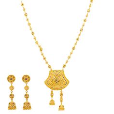 The subtle enamel details creating the beautiful Meenakari pattern makes this minimal 22k gold necklace and earring set an excellent choice for bridal or traditional gowns. Features • 22k yellow gold • Expert filigree • Beaded details • Meenakari pattern As a leading gold Indian jewelry store in the USA, we are proud to offer a wide selection of beautiful Indian gold jewelry, including this gleaming 22k gold jewel set. Shop with us for the finest Indian jewelry, and experience the beauty and ele 22k Gold Necklace, Traditional Gowns, Gold Jewelry Indian, 22k Gold, Indian Jewelry, Pattern Making, Jewelry Set, Luxury Design, Jewelry Stores