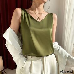 Olivia Mark - Satin Camisole Vest for Layering or Wearing as an Outer Strap Green Silk Shirt, Green Silk Top, Chic Outerwear, Satin Tank Top, Satin Camisole, Bodycon Floral Dress, Strappy Top, Silk Tank Top, Silk Camisole