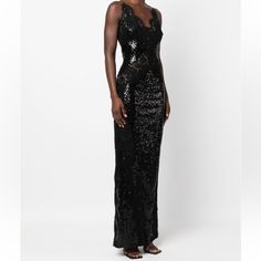 Sequin-Embellished Lace-Detail Maxi Dress From Philipp Plein Featuring Jet Black, Sequin Embellishment, Lace Detailing, V-Neck, Sleeveless, Backless And Maxi. Luxury V-neck Evening Dress For Night Out, Luxury Sequin V-neck Evening Dress, Luxury V-neck Evening Dress With Sequins, Luxury Black Embellished Sequin Dress, Luxury Floor-length Sequin Dress, Fitted Luxury Evening Dress With Contrast Sequin, Luxury Black Sequin Cocktail Dress, Luxury V-neck Dress With Sequins, Luxury V-neck Sequin Dress