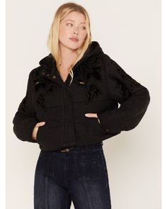 Free People Women's Fleur De Lis Denim Puffer Jacket, Black Free People Backpack, Puffer Jacket Style, Quilted Denim, Denim Hoodie, Sherpa Pullover, Free People Jacket, Black Puffer, Free People Denim, Puffer Coat