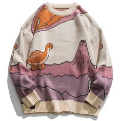 A comfy and stylish sweater you don’t have to think twice about. our knit sweater with cartoon dinosaur and volcanoes, which is cute and cool, and bring lazy and casual sense, definitely on trendy. Material: 100% cotton sweater, soft and comfortable, silky sheen, and exceptional color retention. Machine wash, dry flat. Features: Crew neck lazy sweater with elastic cuff and hem to lock temperature to keep warm in cold fall and winter, cartoon dinosaur and volcanoes patterned sweater best for outf Lazy Sweater, Dinosaur Sweater, Estilo Harajuku, Sweater Streetwear, Beige Pullover, Pull Beige, Oversize Casual, Harajuku Streetwear, Stylish Sweaters