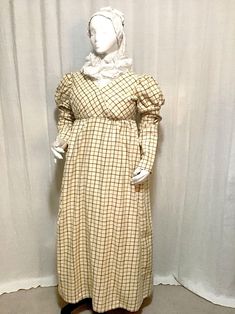 Regency Day Dress- 40-41 bust - Yellow Checked day dress with white chemisette and convertible sleeves This is an attractive day dress style, straight out of an 1812 fashion plate, ready for dressing up with accessories, plain or fancy!  This is a lovely example of everyday fashion. The fabric is washable cotton in a checked pattern with yellow and brown tones on a cream ground.   The bodice is short, fitting the look of a regency bustline and would work with early 19th century stays or modern u Elegant White Cotton Prairie Dress, Cotton Bishop Sleeve Daywear Dress, White Bishop Sleeve Formal Dress, Cotton Bishop Sleeve Dresses For Daywear, Elegant Cotton Victorian Dress For Daywear, Elegant Cotton Dresses With Bishop Sleeves, Regency Style Long Sleeve Fall Dress, Regency Style Long Sleeve Dresses For Fall, Classic Vintage Dress With Fitted Bodice For Spring