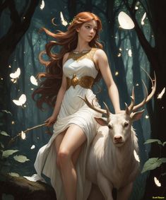 a woman in white dress sitting on top of a deer