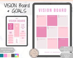 the vision board and goal sheet is displayed on a tablet with pink, white and gray colors