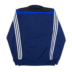 Item is in good used condition. >Size: S >Armpit To Armpit: 20" >Armpit To Cuff: 20" >Collar To Hem: 27" Blue Streetwear Outerwear With Three Stripes, Urban Style Blue Track Jacket For Sports, Blue Stripe Outerwear For Streetwear, Blue Adidas Long Sleeve Outerwear, Blue Track Jacket With Ribbed Cuffs For Streetwear, Blue Adidas Logo Sportswear Track Jacket, Blue Adidas Sportswear Track Jacket, Blue Track Jacket With Three Stripes Branding, Blue Sportswear Track Jacket With Three Stripes