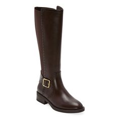 These St. John's Bay women's Toysen riding boots are a sleek pair perfect for cold-weather style. Made from smooth faux leather, these high boots have a gold-tone buckle, a memory foam insole and flat heel for greater comfort and a side zip closure to help you get on easily. Wear them over skinny jeans or leggings with a sweater. Features: ComfortClosure Type: Side ZipperFootwear Technology: Memory Foam InsoleShaft Circumference: 15 InchesBoot Shaft Height: 15 1/2 InchesShoe Heel Height: 1 InchU Riding Boots Brown, Knee High Boots Flat, Brown Riding Boots, Cold Weather Fashion, Wide Calf, Boots Brown, High Boots, Cold Weather, Side Zip