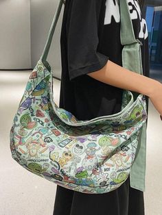 Funny Print Canvas Large Capacity Crossbody Bag - HouseofHalley Casual Green Hobo Bag For School, Trendy Green Satchel Canvas Bag, Green Large Capacity Hobo Bag For School, Green Vintage Satchel For Everyday Use, Large Capacity Green Hobo Bag For School, Vintage Green Everyday Satchel, Everyday Vintage Green Satchel, Green Tote Hobo Bag For School, Green Large Capacity Hobo Bag For Travel