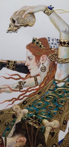 a painting of a woman with long red hair and gold jewelry on her arm, holding a skull