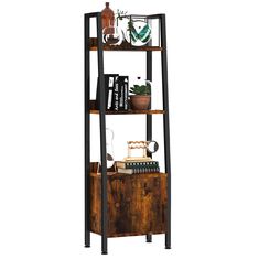 a wooden shelf with books and other items on it's sides, against a white background