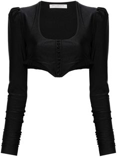 black scoop neck shoulder pads long puff sleeves decorative button detailing pleated edge internal logo tag full lining cropped curved hem concealed side zip fastening Pleated Crop Top, Lorenzo Serafini, Airport Fashion, Logo Tag, Long Puff Sleeves, Gaming Clothes, Jersey Shirt, Black Crop Tops, Puff Sleeves