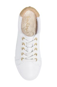 Lilly's casual glamour extends to your footwear in these tennis-white lace-ups accented by rhinestone eyelets and a glint of gold at the heel. Lace-up style Leather upper/textile lining/synthetic sole Imported Women's Shoes White And Gold Sneakers, Casual Glamour, Tennis Whites, White Lilly, White Tennis Shoes, Gold Sneakers, White Summer, Gold Fashion, White Sneakers