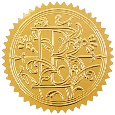 a gold seal with the letter b on it's side and an ornate design in the middle