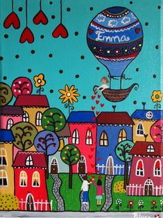 an image of a painting on canvas of people in the city with hot air balloons