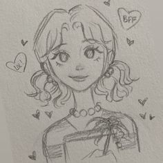 a drawing of a girl holding a gift box with hearts around her neck and eyes