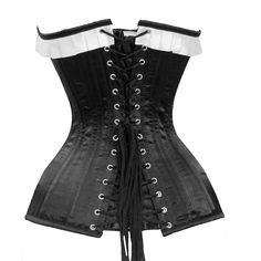 This Black lace up corset is an ideal option for waist reduction, body shaping, and tight lacing. Satin fabric is renowned for its exquisite feel, glossy surface, and smooth texture. This Over Bust corset boasts a striking, shiny exterior. This corset provides excellent spinal support for the lower, middle, and lumbar regions of the back. Additionally, wearing it regularly in the workplace can enhance posture. Premium steel boned corsets are manufactured with superior-grade components, allowing Black Corset Dress With Boning, Black Corset Dress With Boning And Fitted Bodice, Elegant Corset With Medium Bust Support, Elegant Stretch Corset With Boned Bodice, Black Stretch Corset Dress For Costume Party, Elegant Corset With Medium Bust Support And Fitted Bodice, Black Underbust Corset Dress, Fitted Overbust Satin Corset, Black Strapless Corset Dress With Boning