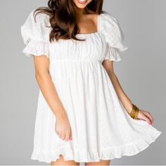 Questions? Leave A Comment Below! White Mini Dress For Holiday, White Chic Mini Dress For Holiday, Chic White Holiday Mini Dress, Cute White Mini Dress For Date Night, Puff Sleeve Babydoll Dress, Summer On The Beach, Doll Silhouette, Baby Doll Style Dress, Valentina Dress