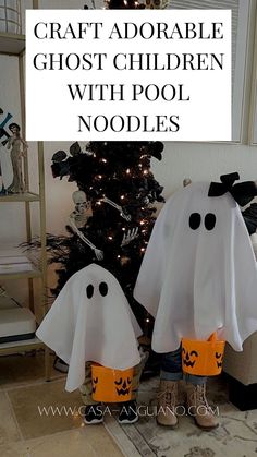 two halloween ghost decorations with text overlay that reads craft adorable ghost children with pool noodles