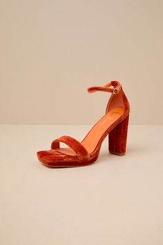 The Lulus Signie Rust Velvet Square-Toe Platform Ankle Strap Sandals will be your favorite way to elevate any special occasion look all year long! Plush velvet shapes these trendy heels that feature a square toe bed (atop a 0.5"" toe platform) and a wide toe strap. A sturdy heel cup supports a slender ankle strap that secures with a shiny gold buckle, all atop a classic block heel. 4" wrapped block heel. Cushioned insole. Felted rubber sole has nonskid markings. Man Made Materials. Imported. Lul Velvet Platform Heels, Velvet High Heels, Trendy Heels, Sandal Heels, Ankle Strap Sandals, Platform Heels, Strap Sandals, Block Heels, Ankle Strap