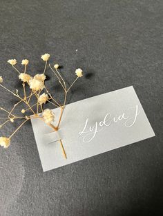 a piece of paper that has some flowers on it and the word lygeia written in white ink