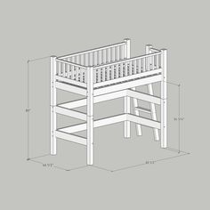 a wooden bunk bed with stairs and ladders on the bottom level, measurements for it