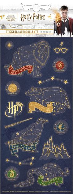 harry potter stickers with hogwarts symbols and wands on them, all in gold