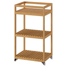 a wooden shelf with three shelves on wheels