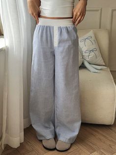 Women's Woven Wide-Leg Sweatpants With Blue Stripes Blue    Woven Fabric Colorblock,Plain Wide Leg Non-Stretch  Women Clothing, size features are:Bust: ,Length: ,Sleeve Length: Wide Legged Sweatpants, Sweatpants Cargo, Ladies Nightwear, Women Sleepwear, Resort Beach, Wide Leg Sweatpants, Outfit Inspo Casual, Woman Weaving, Women Nightwear