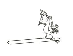 a black and white drawing of a bird on a surfboard