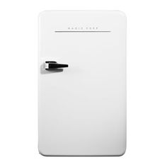 a white refrigerator freezer sitting on top of a white floor next to a wall